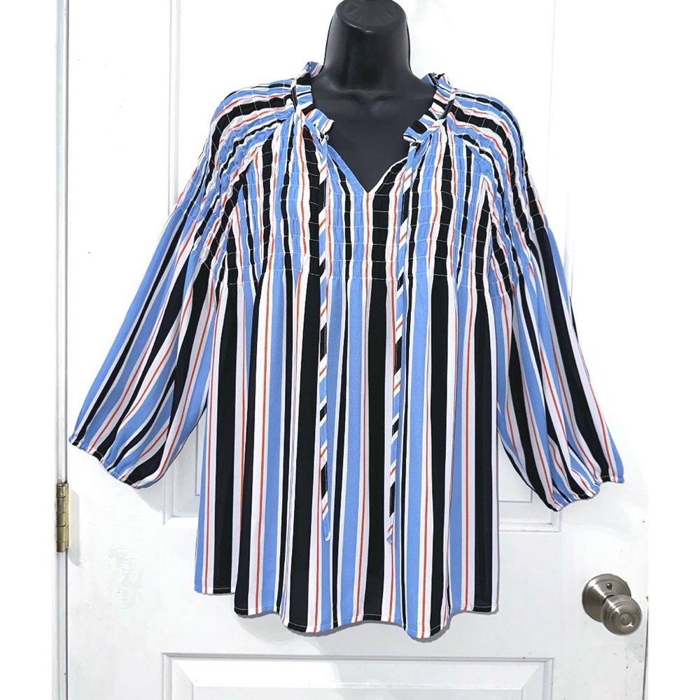 a.n.a. (A New Approach) blue, white, and orange striped peasant blouse